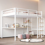 Metal Loft Bed 140*200 cm with Ladder, Table & Shelf, White