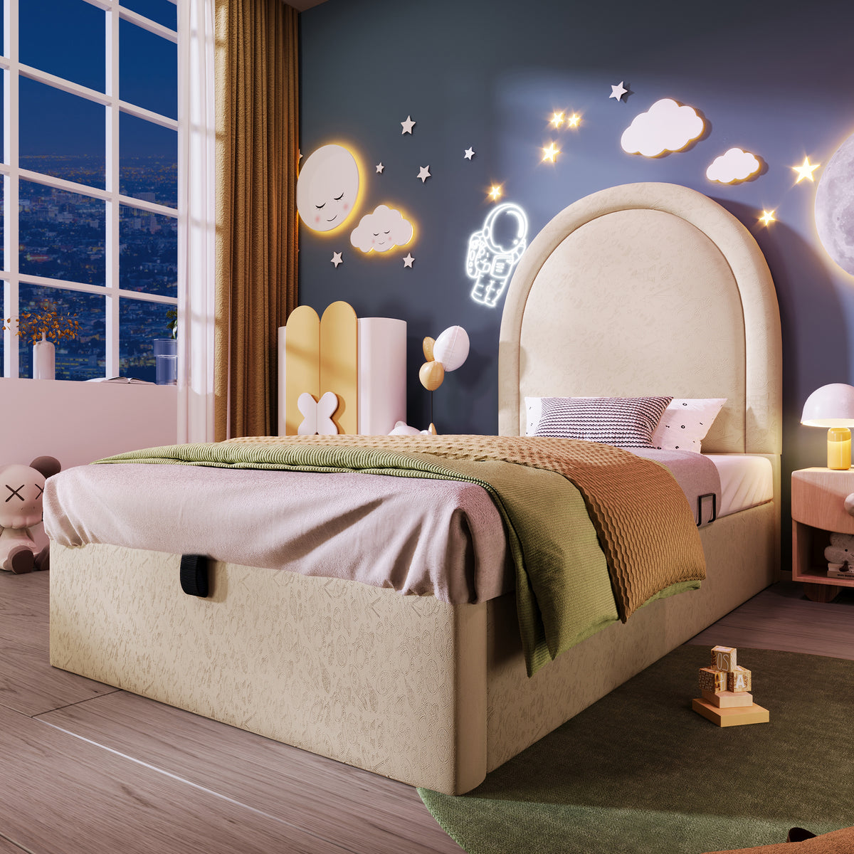 Upholstered Kids Bed, Cosmic Pattern 90x190cm, Beige PU