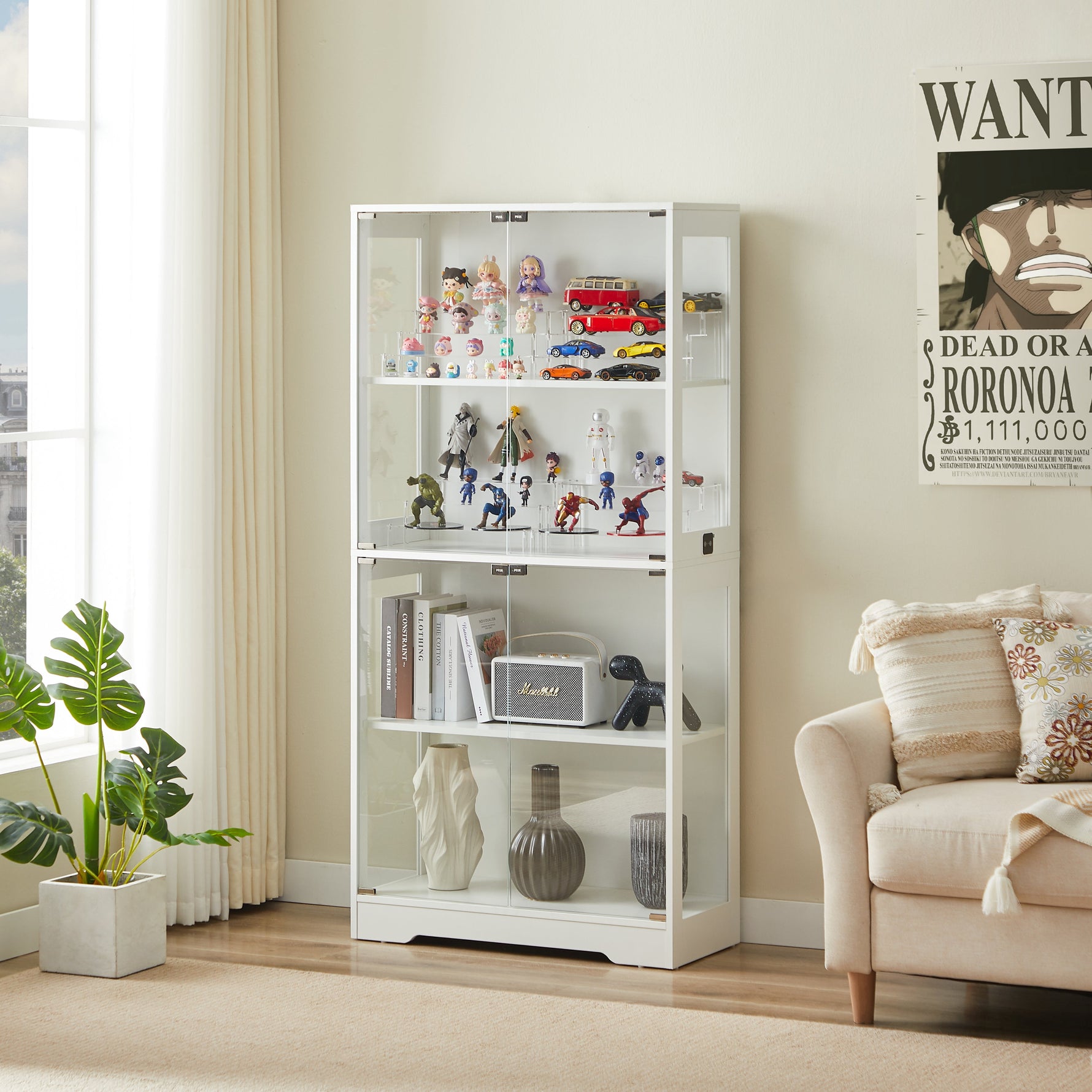 Four-tier Glass Display Case with Storage, LED, Smart Sensors, Dustproof - White
