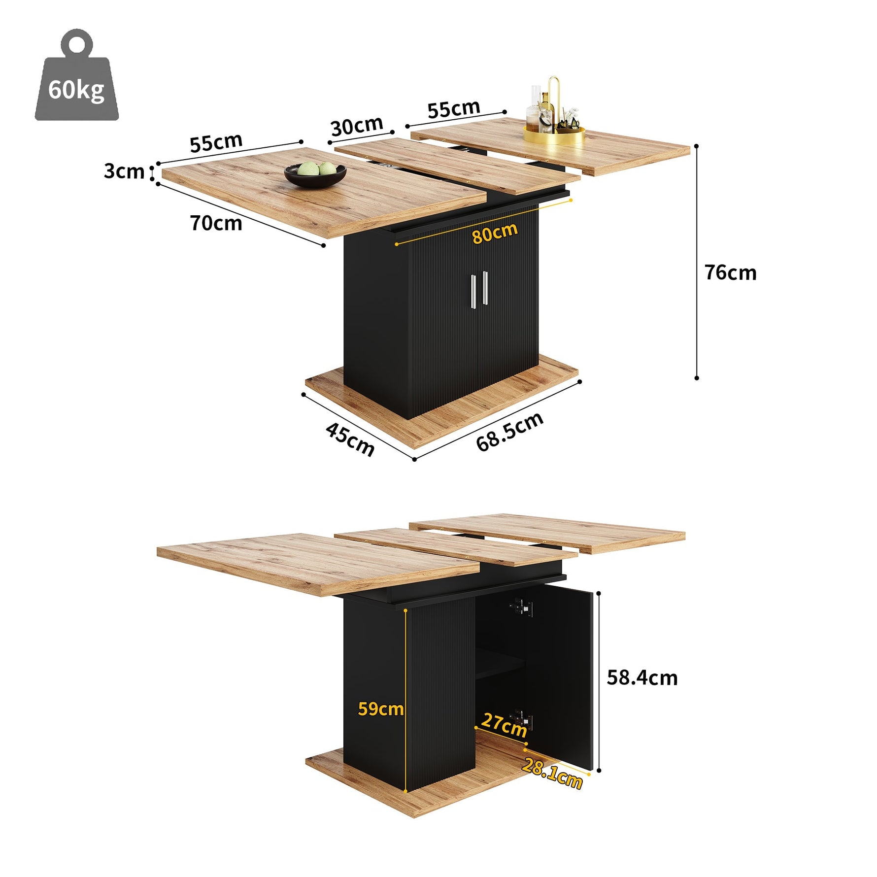 Telescopic Extendable Dining Table 140x70cm Storage Shelf - Natural/Black