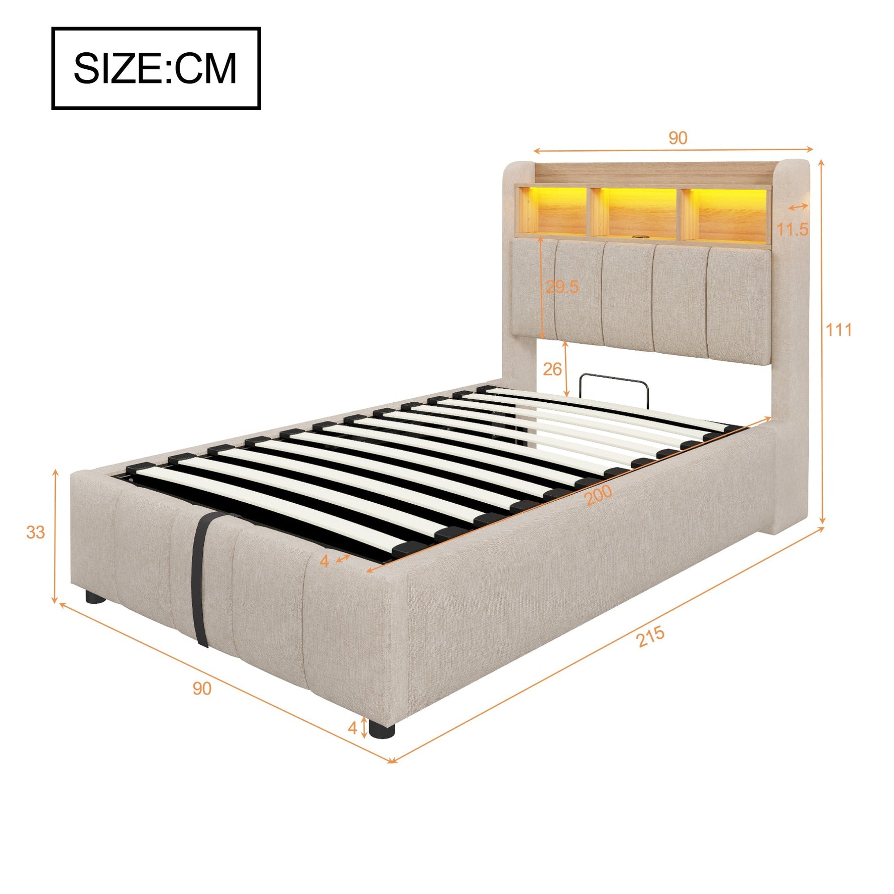 Children's Upholstered Bed 90x200cm LED USB Hydraulic Storage Headboard Shelves - Linen Beige