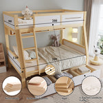 Bunk Bed, 3 Drawers, Book Stand, Fenced, Stepladder, Pine + MDF + Plywood, White + Natural