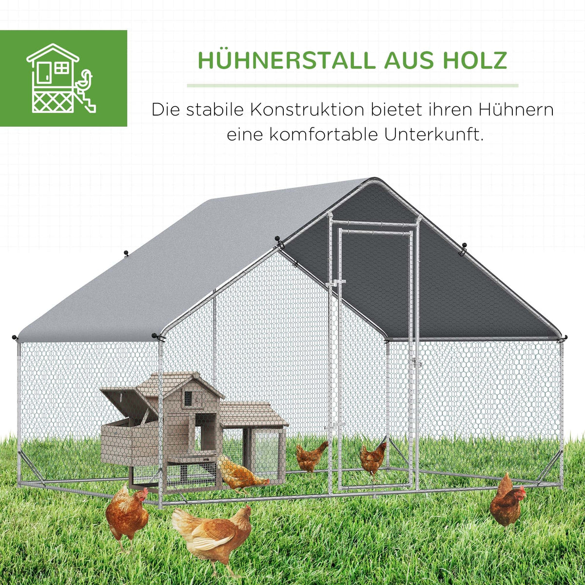 Chicken Coop Free-Range Enclosure, 300 x 200 x 200 cm, 4-6 Chickens, Steel, Silver