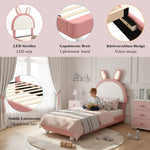 Upholstered Single Bed with Rabbit-Shaped Headboard and LED Light Strip, 90x200cm, Pink and White PU + Plywood