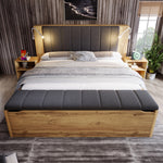 Double Bed 180x200cm with Fold-Down Headboard, Storage, Nightstands, Bed Bench and USB Lamps, Oak Color