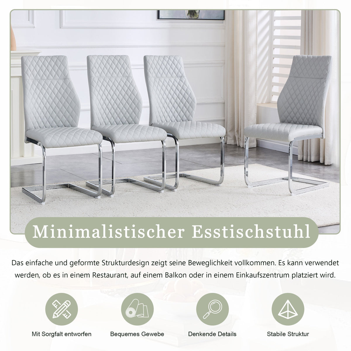Dining Chairs Set of 2 with High Backrest and Diamond Pattern, Light Grey PU Leather