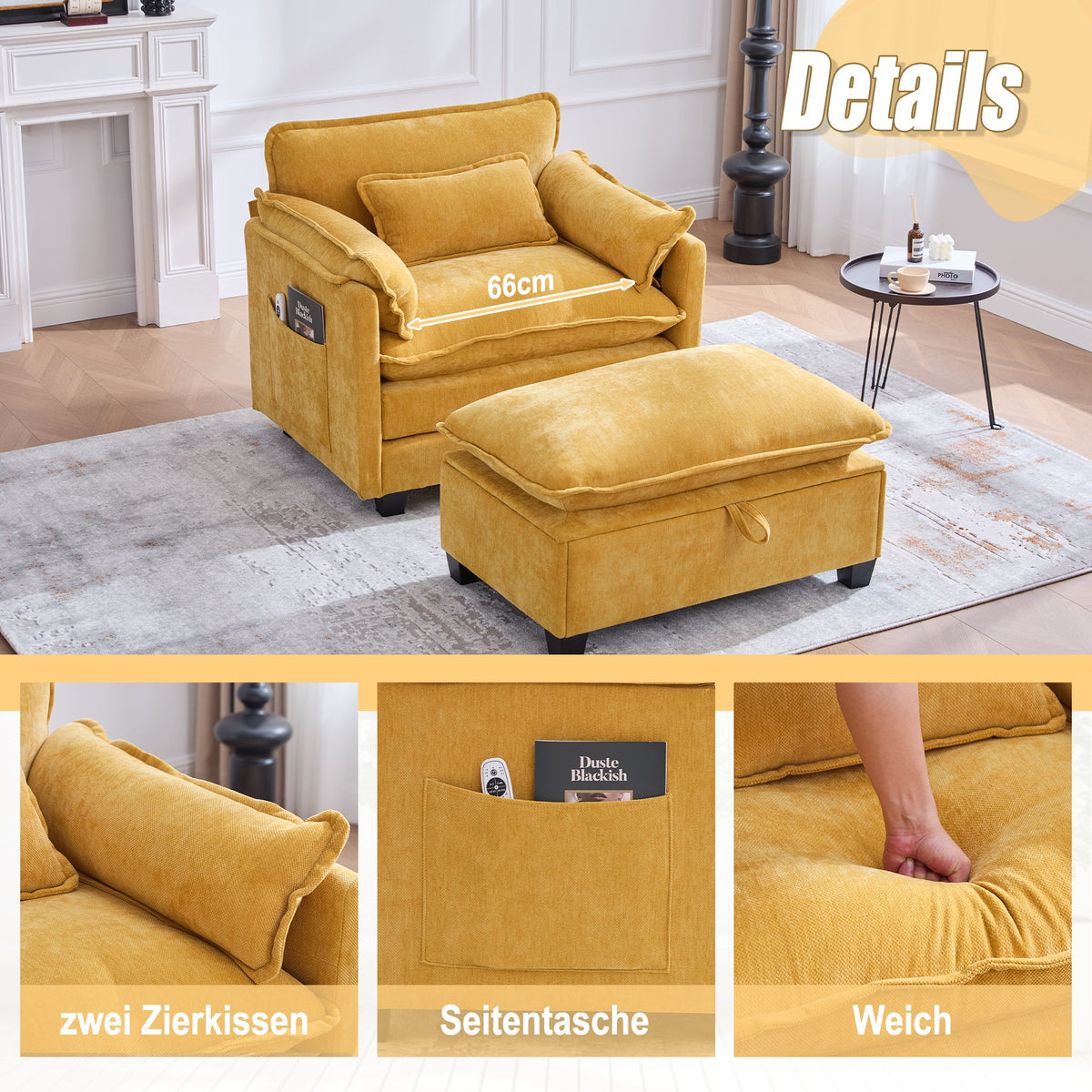 Armchair, Oversized with Footrest & Stool, Velvet