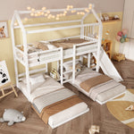 Bunk Bed, Children's with Slide, Roof Design, Three-Sleeper, Storage, Pine + MDF, White