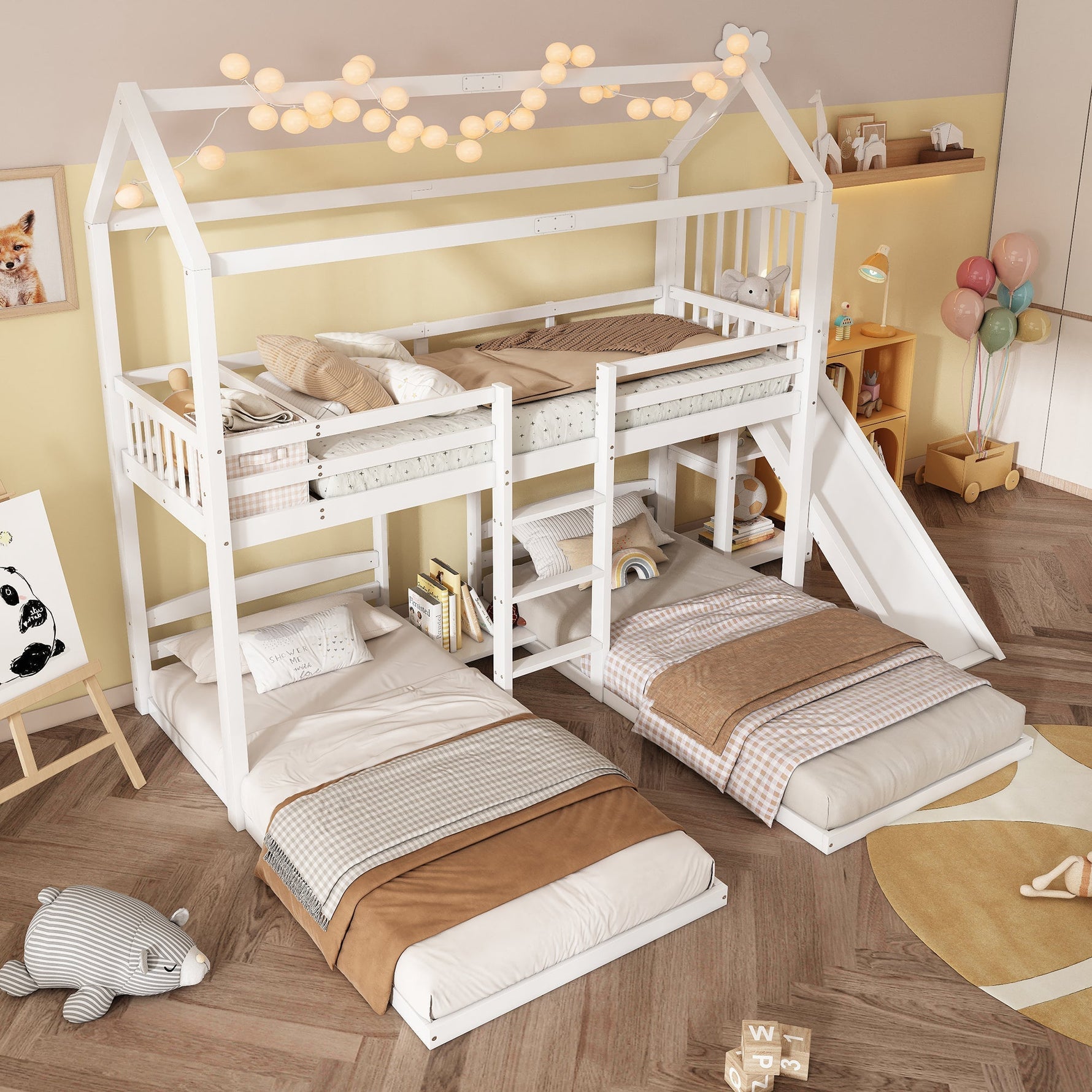 Bunk Bed, Children's with Slide, Roof Design, Three-Sleeper, Storage, Pine + MDF, White