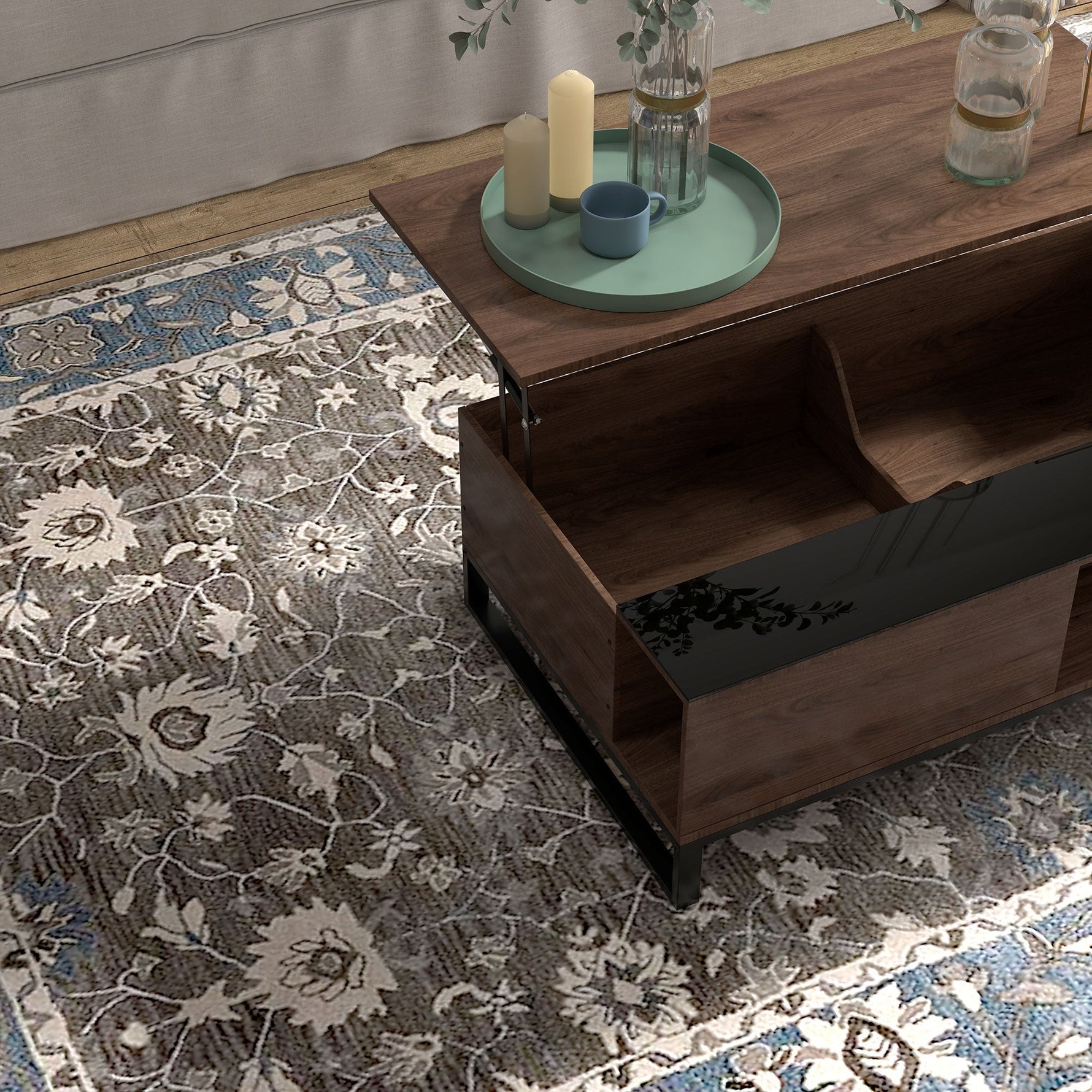 Coffee Table with Lifting Function & Storage, Steel in Walnut Black