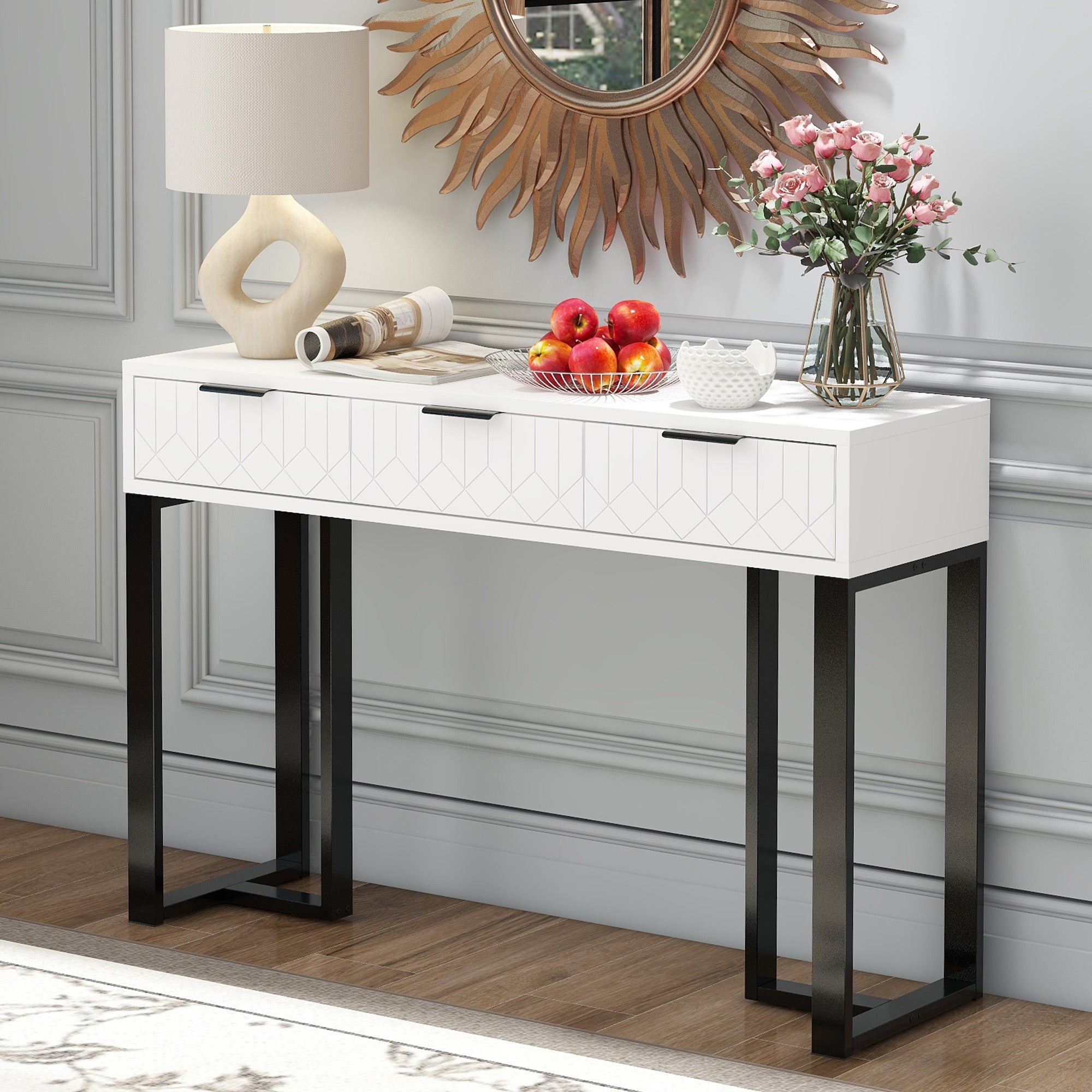Modern Console Table with Drawers, Gold Frame, Adjustable Foot Pads, Elegant Handles (White+Black)