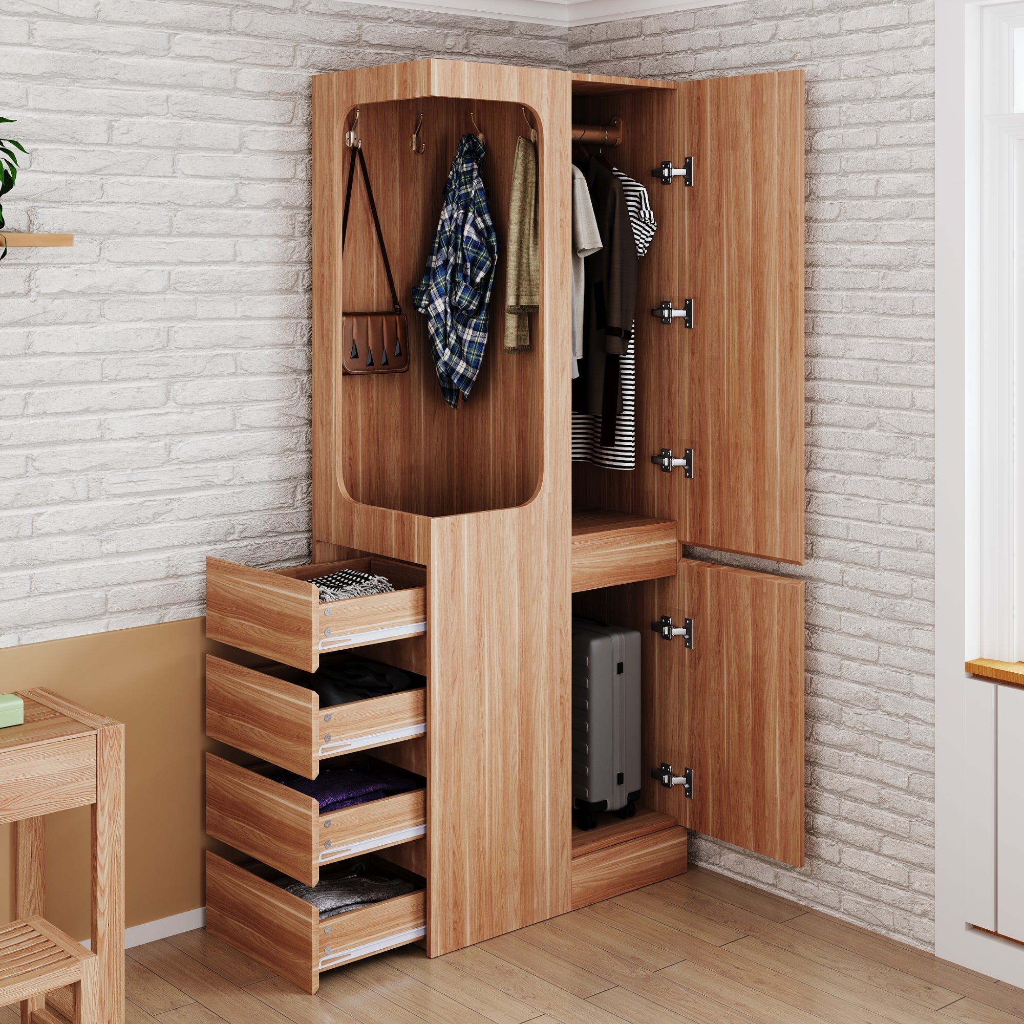 Wardrobe 70x40x170cm Drawers Storage Single Door, Wood Color
