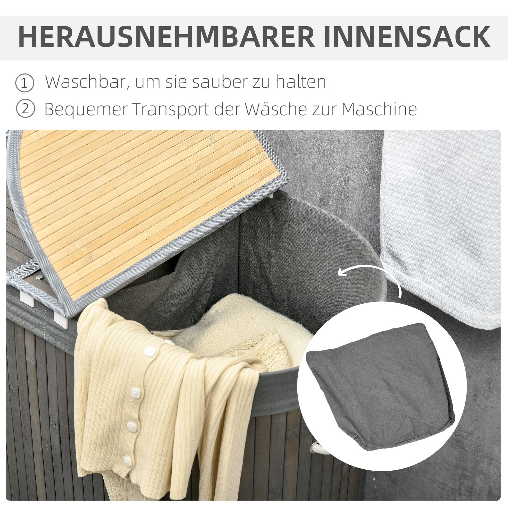 Bamboo Laundry Basket, 100L with 2 Removable Bags, Gray