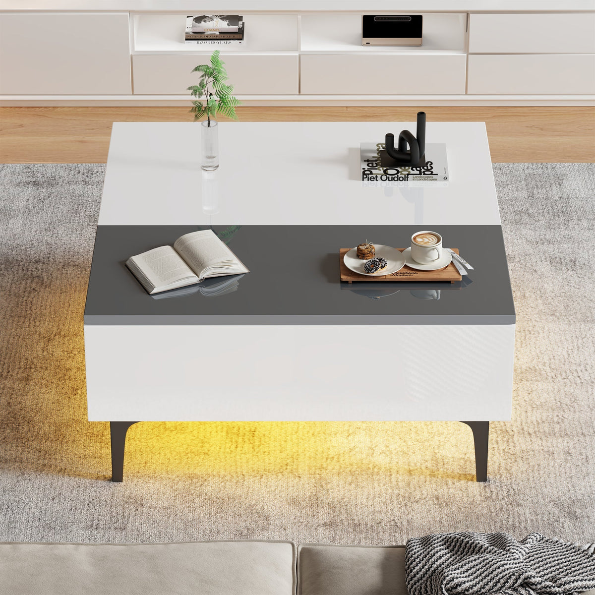 Coffee Table, Height-Adjustable with Hidden Storage and Shelves, White High-Gloss