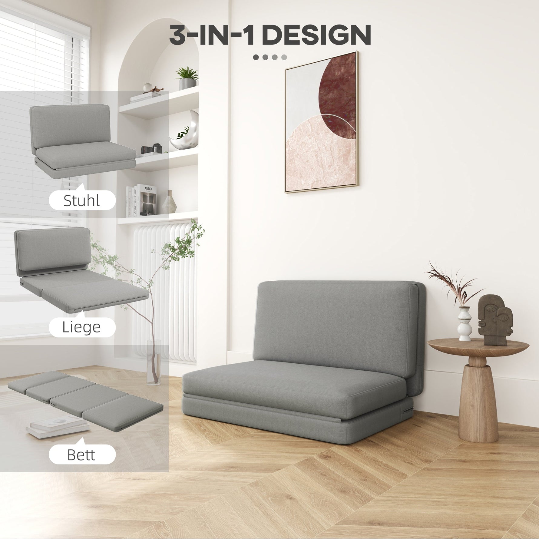 3-in-1 Folding Sofa Bed with Storage, Velvet, Light Gray