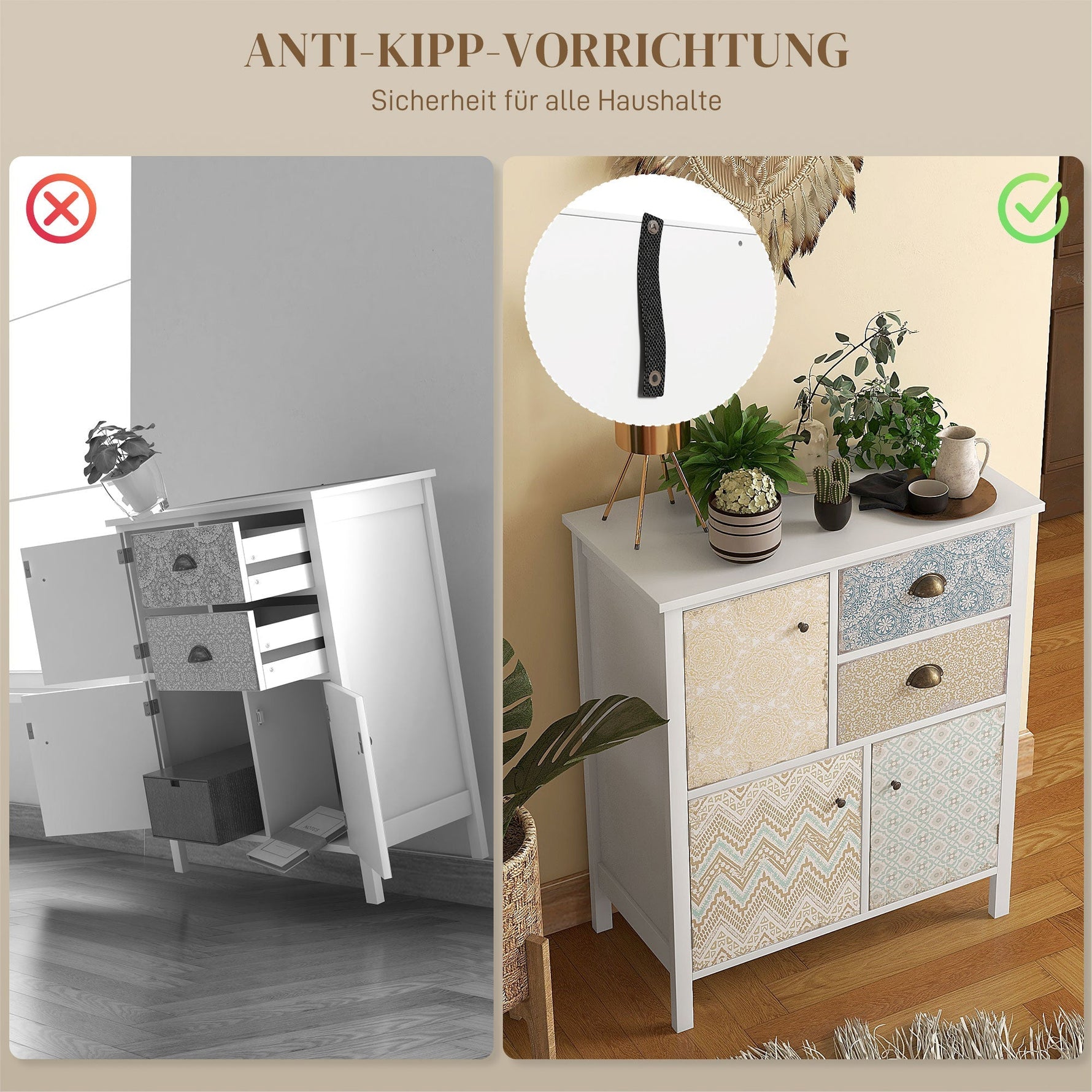 Chest of Drawers Storage Cabinet, 2 Drawers 3 Compartments, Anti-tip, White