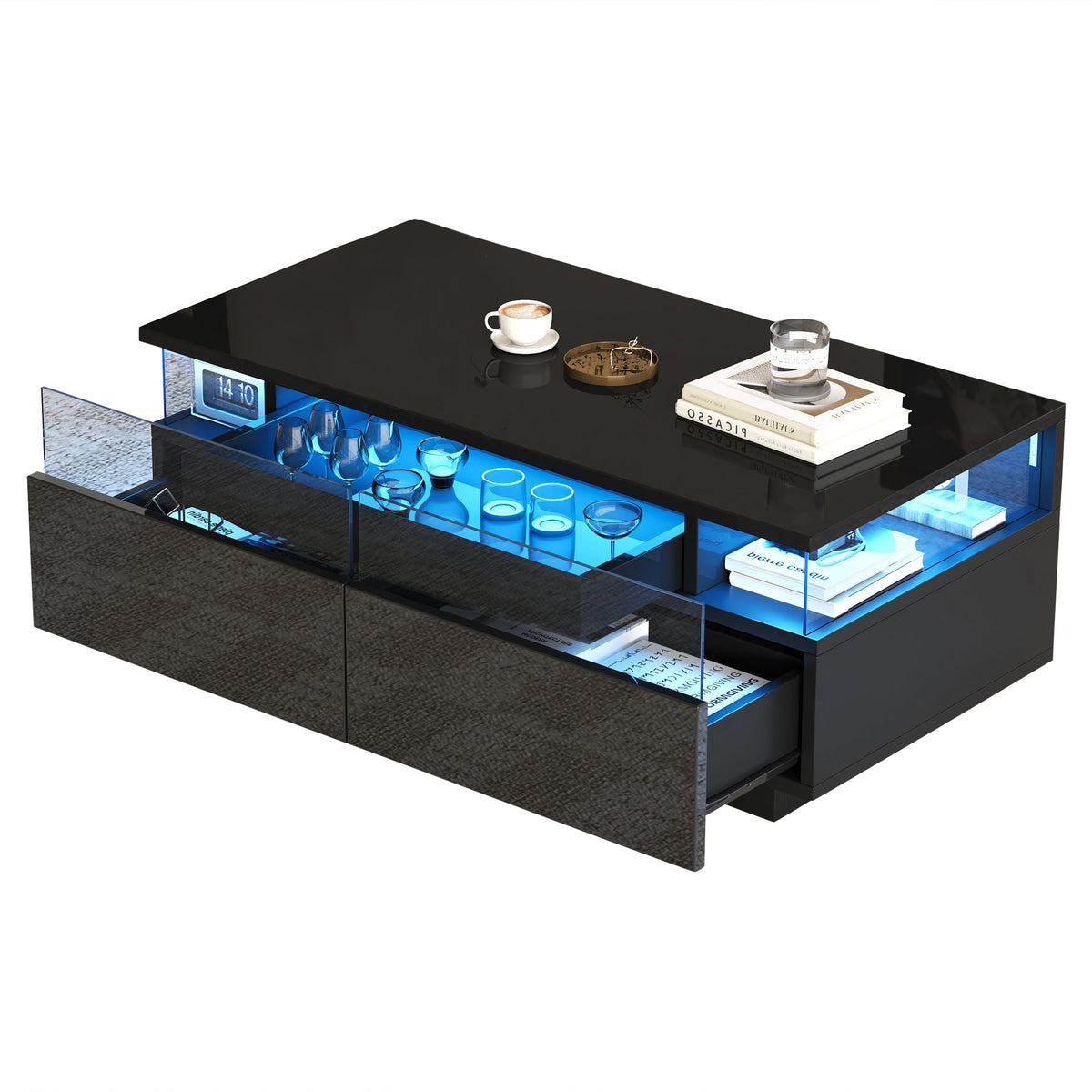 Coffee Table with Tray, High-Gloss, 2 Drawers, Tempered Glass, LED Light, Black