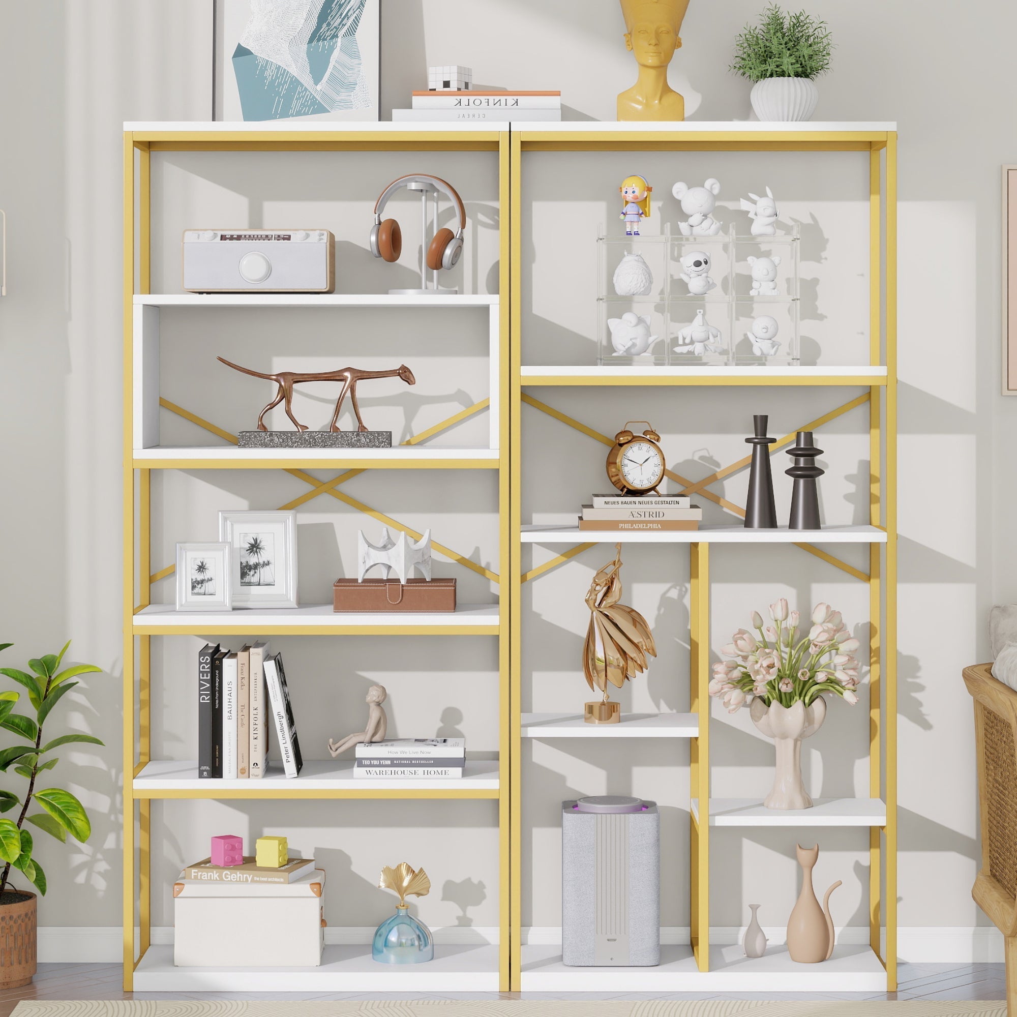 Modern Minimalist Shelf with Multi-Tier Storage and Steel Frame, Gold and White