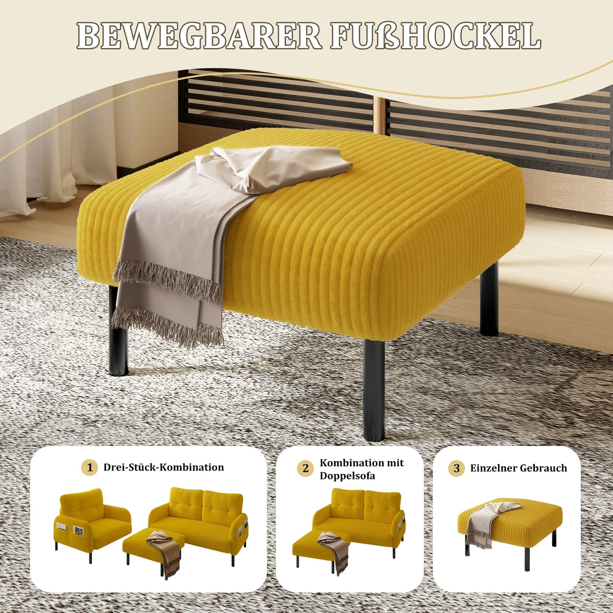 Corduroy Stool - Metal Frame, Super Soft Velour - Premium