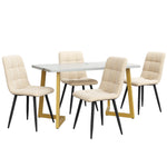 Dining Set 5-Piece 117cm Rectangular Modern Table Beige Velvet Gold Legs