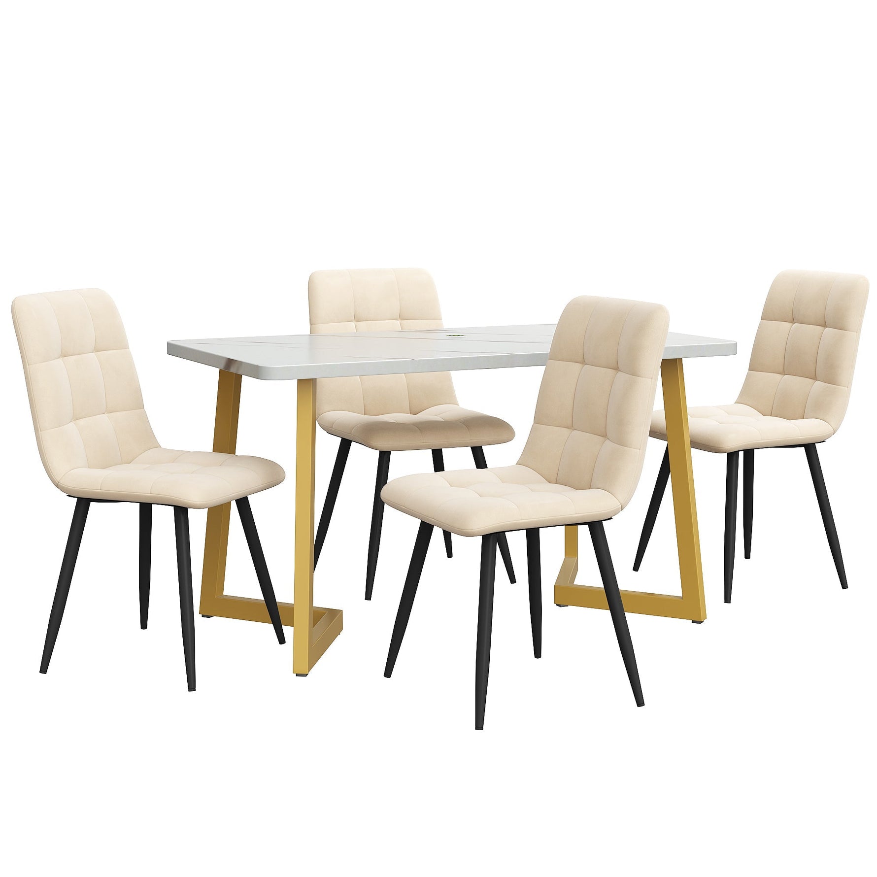 Dining Set 5-Piece 117cm Rectangular Modern Table Beige Velvet Gold Legs