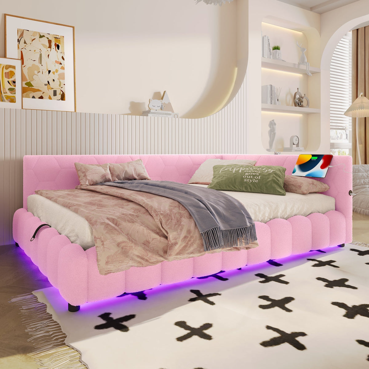 Daybed Sofa Bed 140x200cm Hydraulic Storage LED USB/Type-C - Imitation Fleece Pink