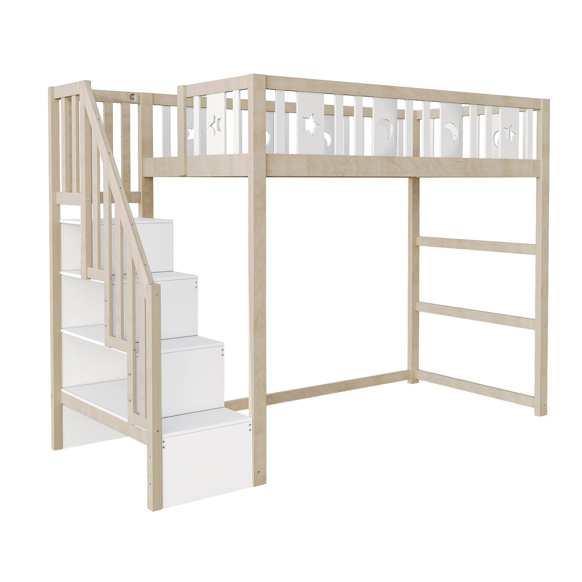 Children's Loft Bed 90*200, Storage Climbing Ladder & Safety Rails, Solid Wood