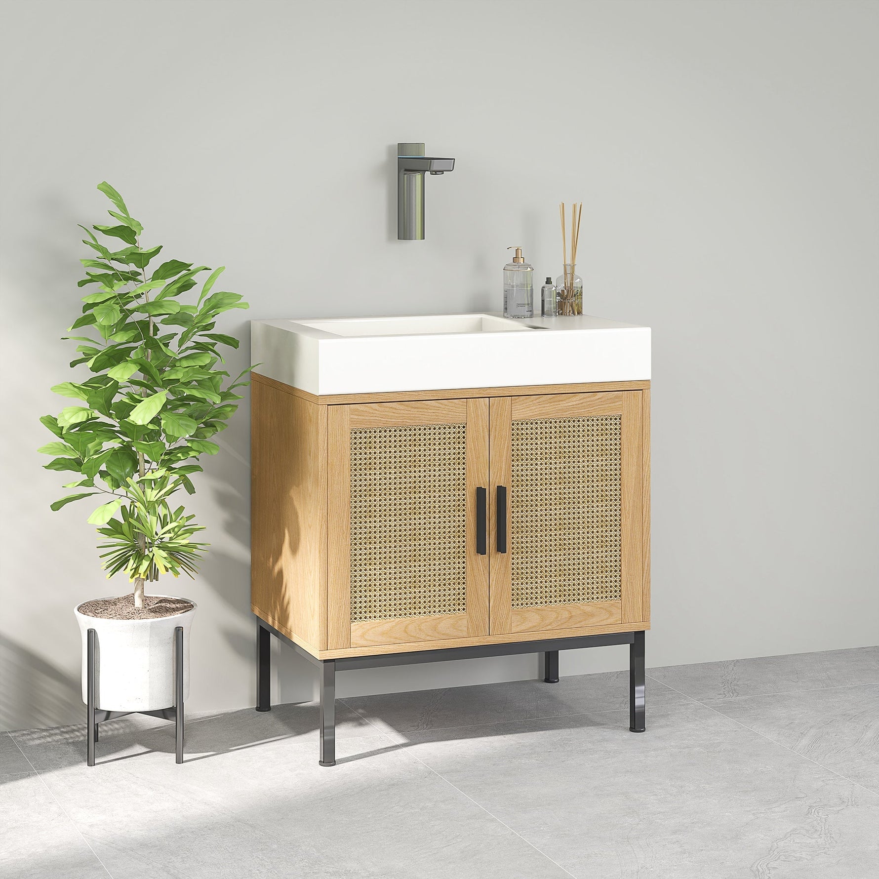 kleankin Vanity Unit, Rattan Look, Anti-Tip Protection, Oak