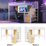 Loft Bed with Desk, Shelf, LED Lighting and Storage Stairs, 90x200cm, White Iron Frame