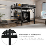 Iron Loft Bed with Desk, Storage and Wardrobe, Black Iron and MDF, 140x200cm