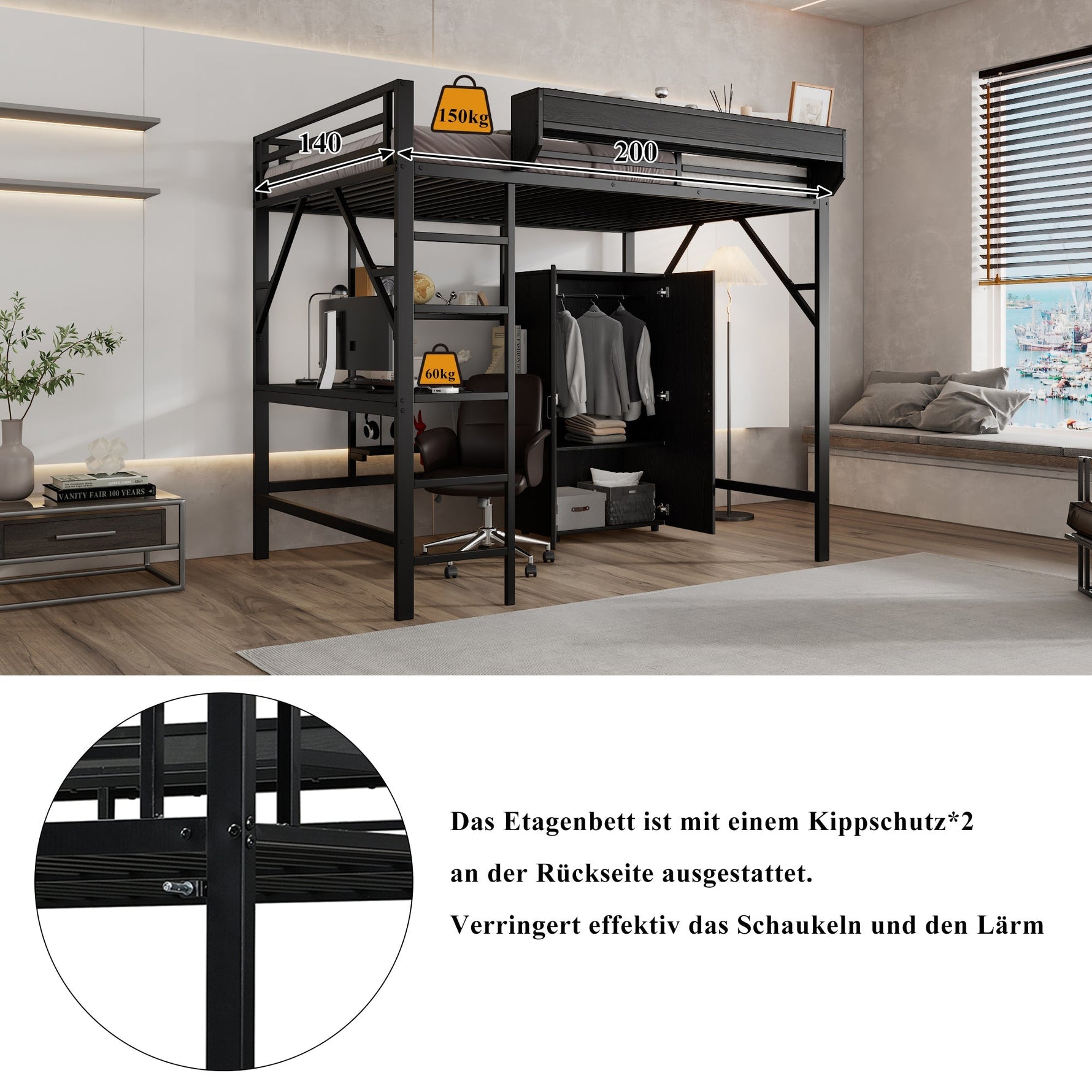 Iron Loft Bed with Desk, Storage and Wardrobe, Black Iron and MDF, 140x200cm