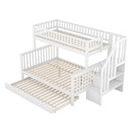 Bunk Bed with Rolling Container, Slatted Base and Storage Stairs, White Pine Wood