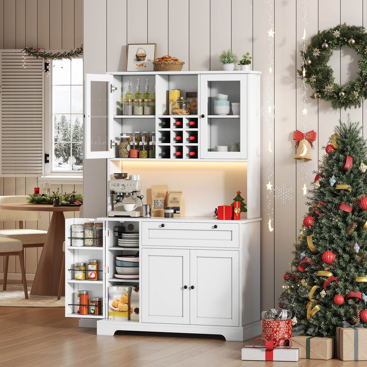 Tall Kitchen Cabinet with LED Lighting, Power Outlet and Spice Rack, White and Wood Look