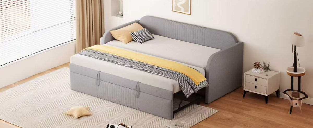 Upholstered Extendable Sofa Bed 90/180x190cm, Light Grey Linen