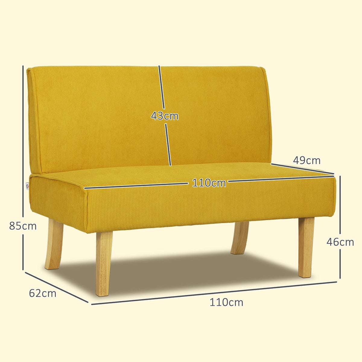2-Seater Sofa Upholstered Corduroy Wooden Legs, Yellow