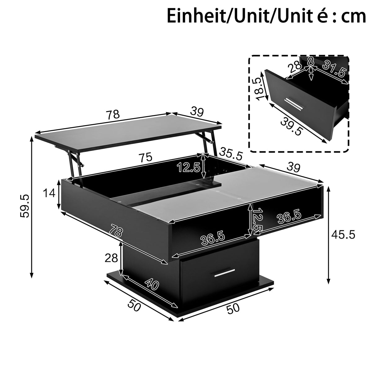 Multifunctional Coffee Table with LED Lighting, Adjustable Height, High-Gloss