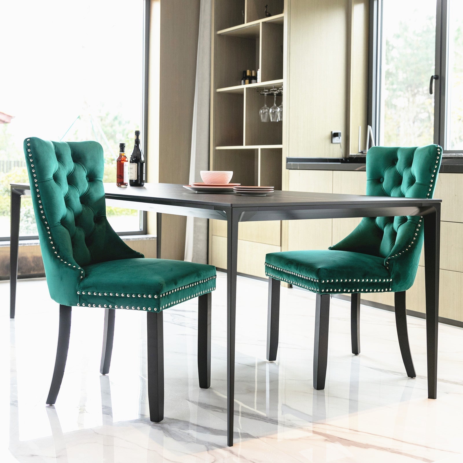 Nikki Collection Tufted Upholstered Dining Chair Wood Legs Nailhead Trim Set of 2 - Green Velvet