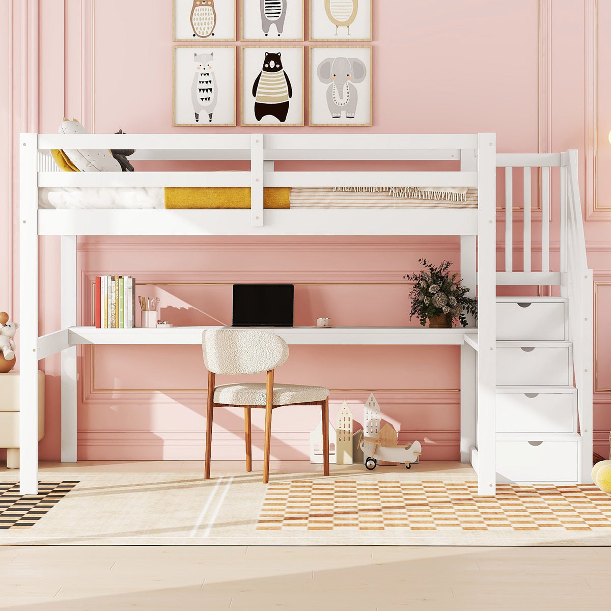 Children's Loft Bed 140x200cm with Storage Drawers & Desk, White