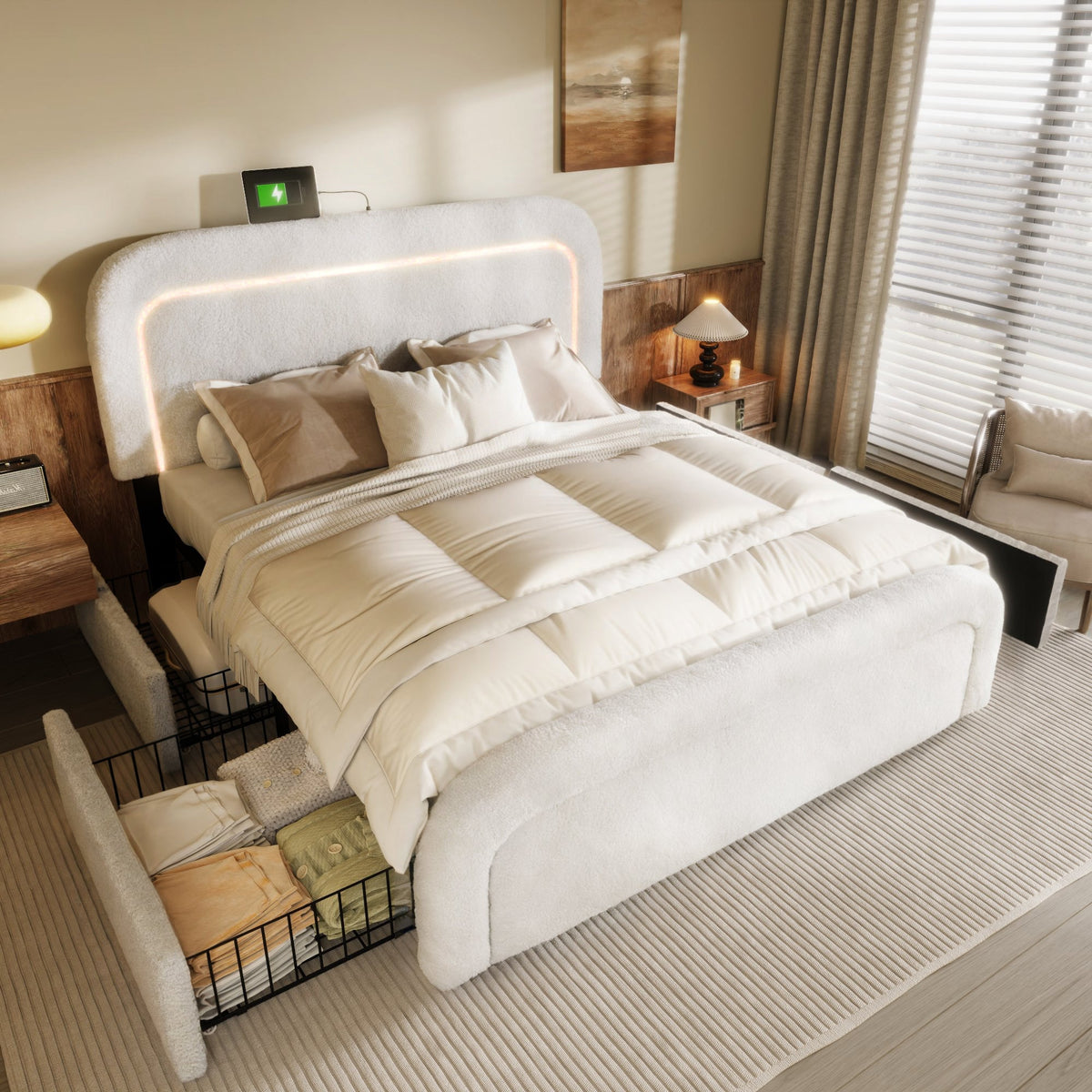 Upholstered Bed Frame with USB Type C, LED and 4 Drawers, 160x200cm, Sherpa White