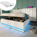 Upholstered Bed 160x200 Double Storage with App Control LED & USB-C Charging, White PU