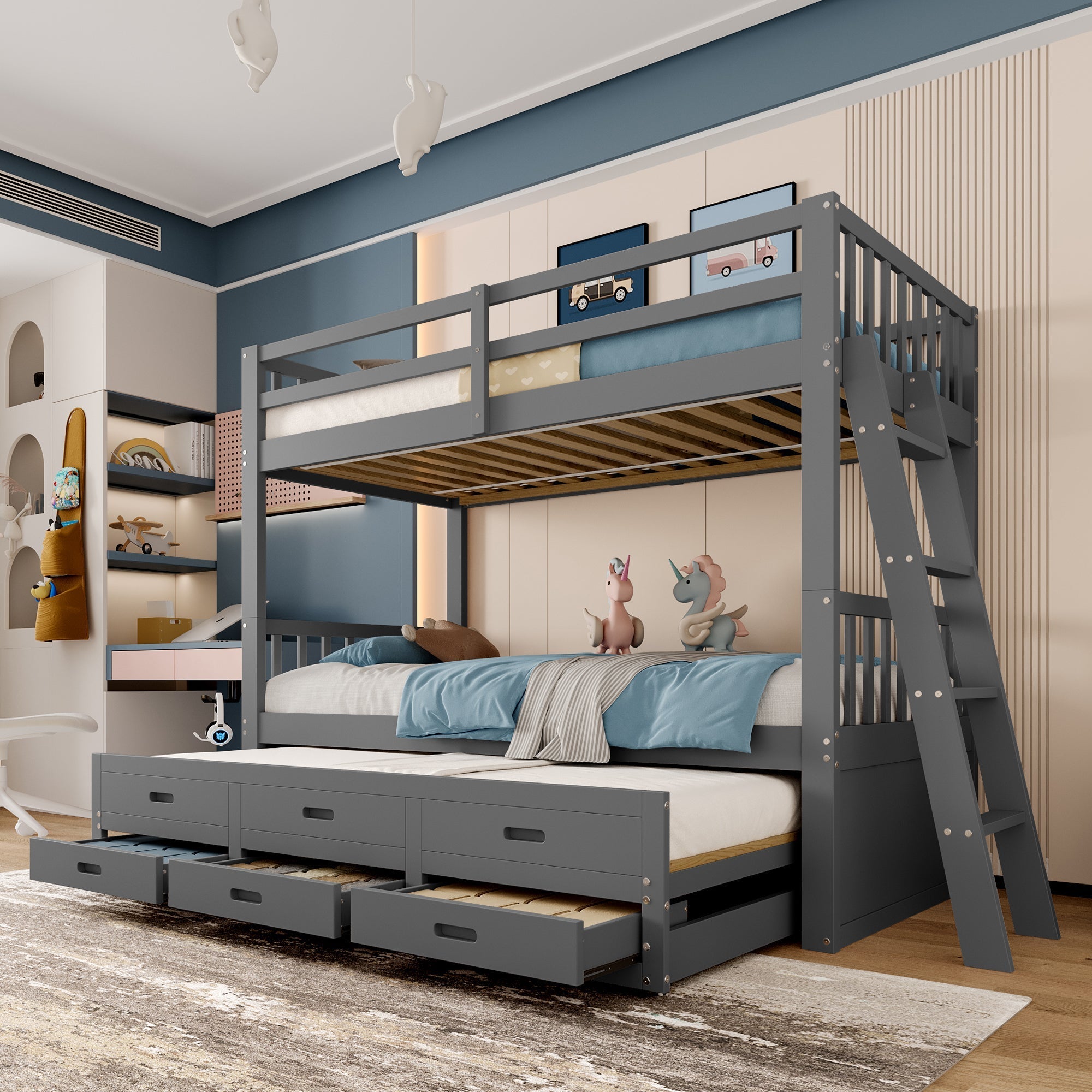 Bunk Bed House Bed 90x200cm Pull-out Bed Ladder and 3 Drawers Grey