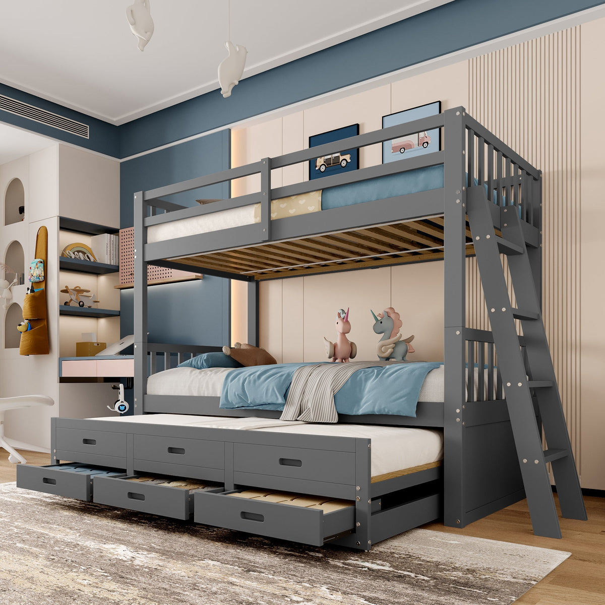 Bunk Bed House Bed 90x200cm Pull-out Bed Ladder and 3 Drawers Grey