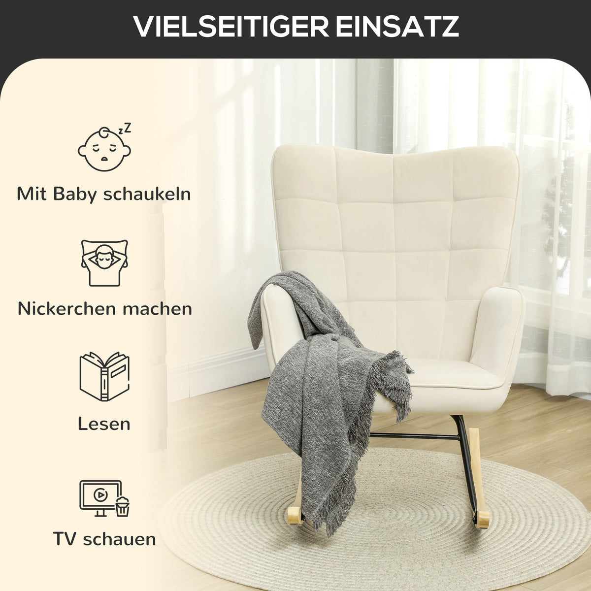 Rocking Chair, Armrests Wooden Base, Beige