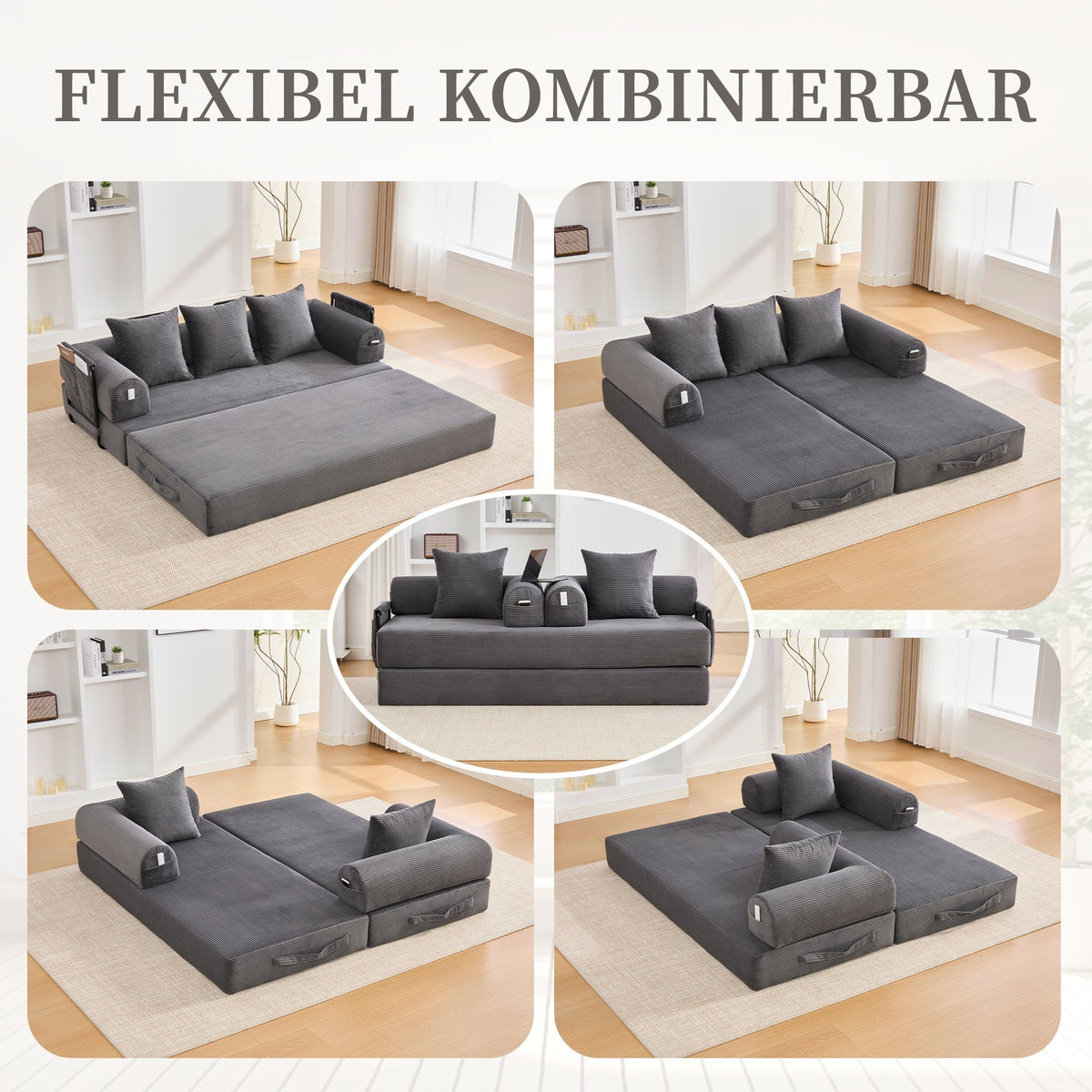Sofa Foldable Metal Frame with 3 Cushions Side Pockets Dark Grey