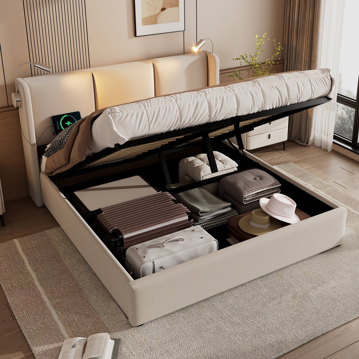 Upholstered Double Bed 160x200 Storage, USB Reading Light Headboard, Linen Material