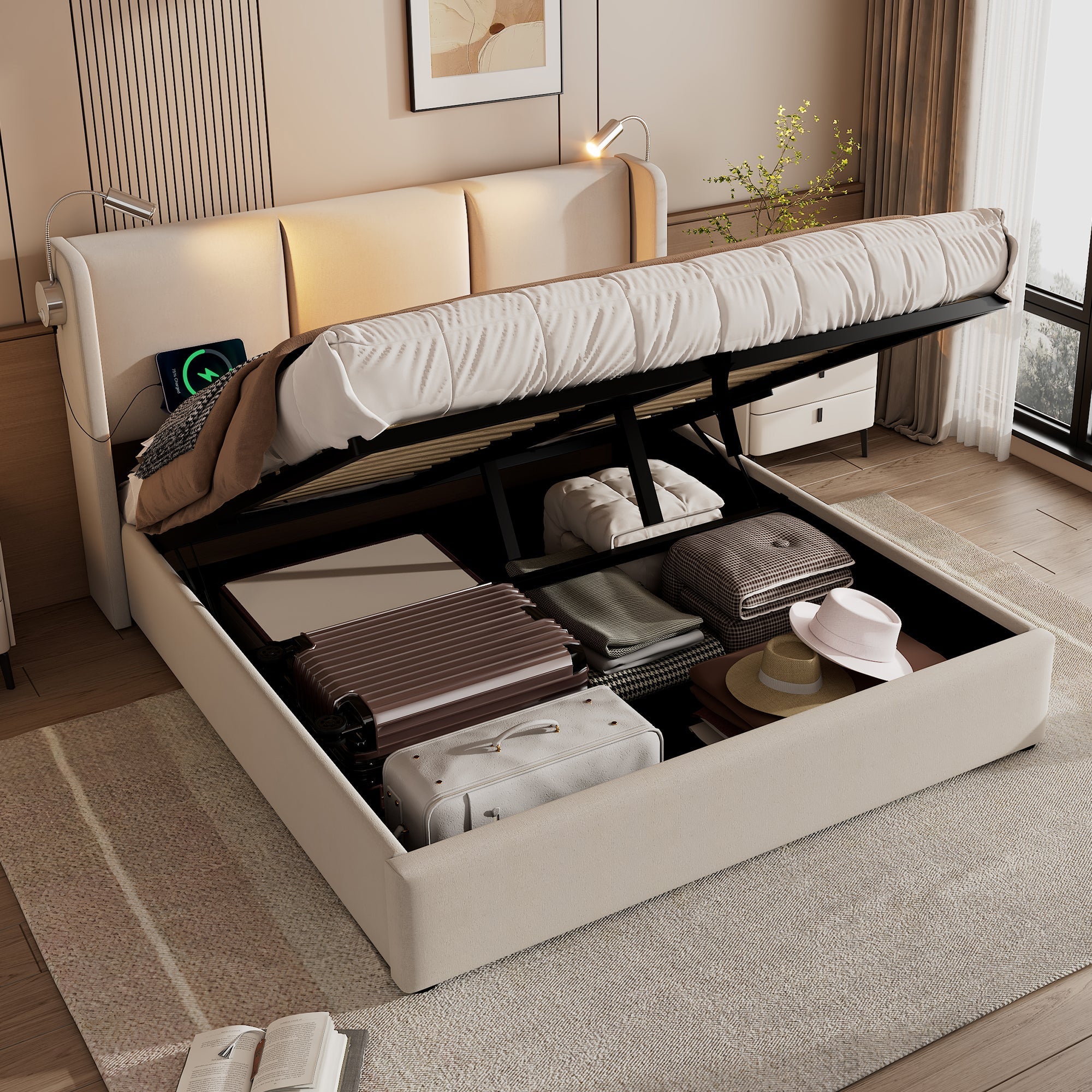 Upholstered Double Bed, 140x200 Storage USB Reading Light, Linen Material