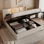 Upholstered Double Bed, 140x200 Storage USB Reading Light, Linen Material