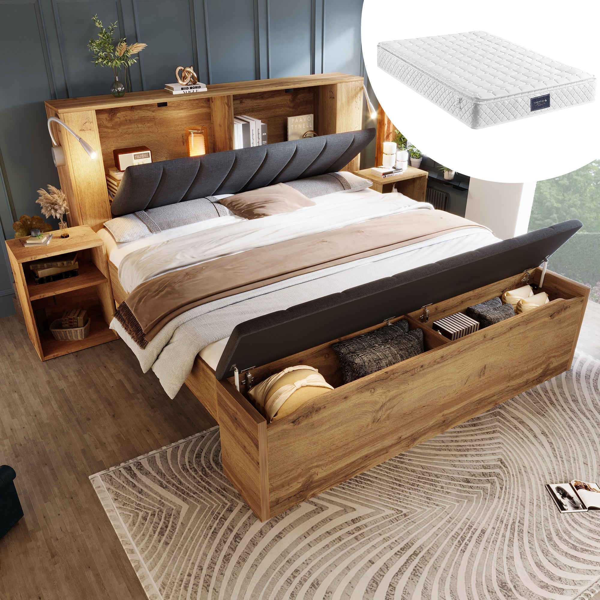 Double Bed with Mattress, Storage, Bedside Tables, Bench and USB Lamps, Oak Wood and Linen