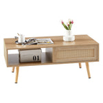 Wicker Coffee Table Sliding Doors Solid Wood Legs - Natural Color