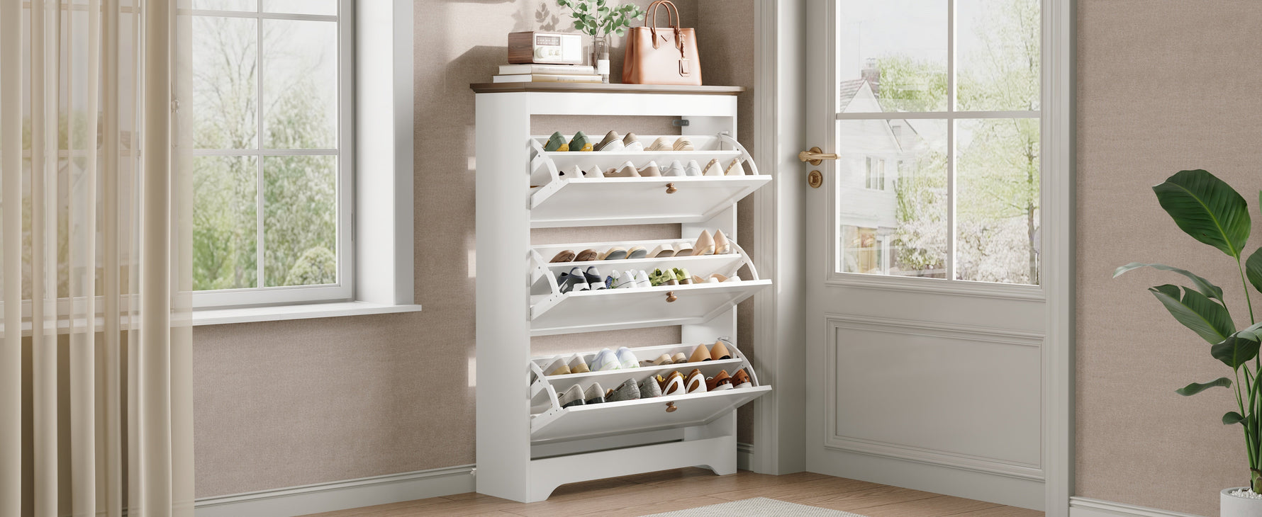 Shoe Cabinet with 3 Doors and Large Capacity, White Wood Look